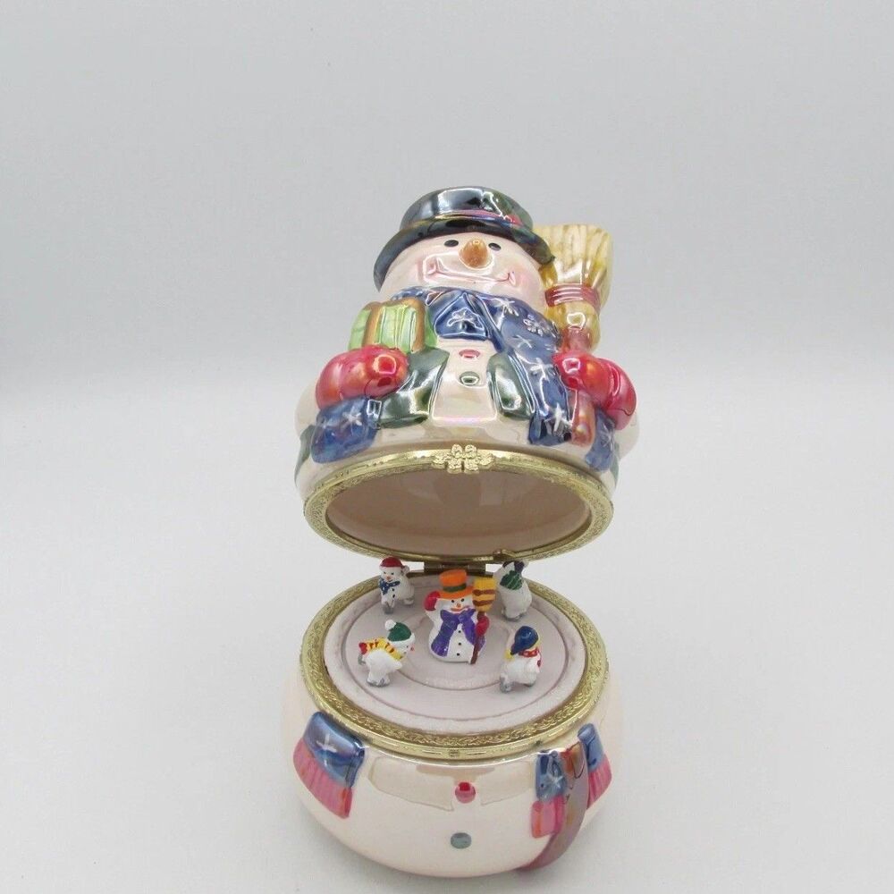 Mr. Christmas Plaid Tidings Mechanical Motion Music Box Snowman Porcelain Box